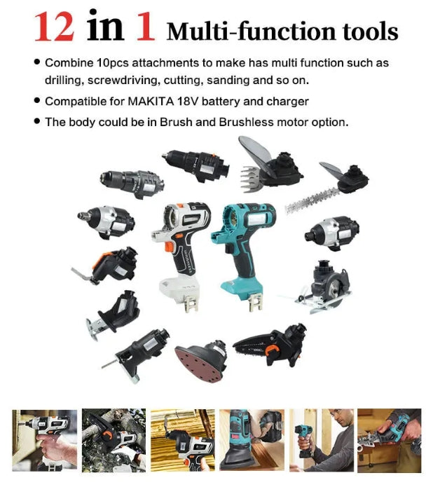 🛠Factory Outsale✨ 12 in 1 Multi-function Drill with Impact drill Reciprocating saw Jig saw Oscillating tool Chainsaw Screwdriver Attachment