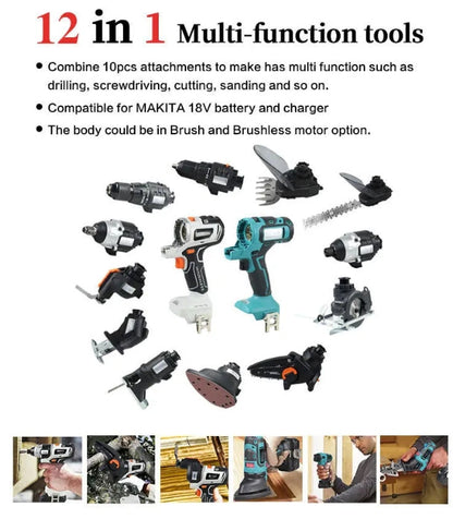 🛠Factory Outsale✨ 12 in 1 Multi-function Drill with Impact drill Reciprocating saw Jig saw Oscillating tool Chainsaw Screwdriver Attachment